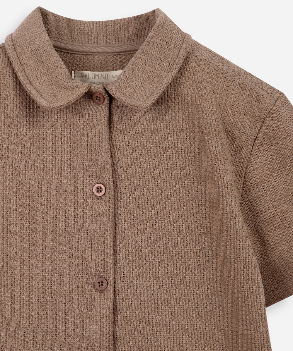 camisa infantil manga curta malha texturizada bege
