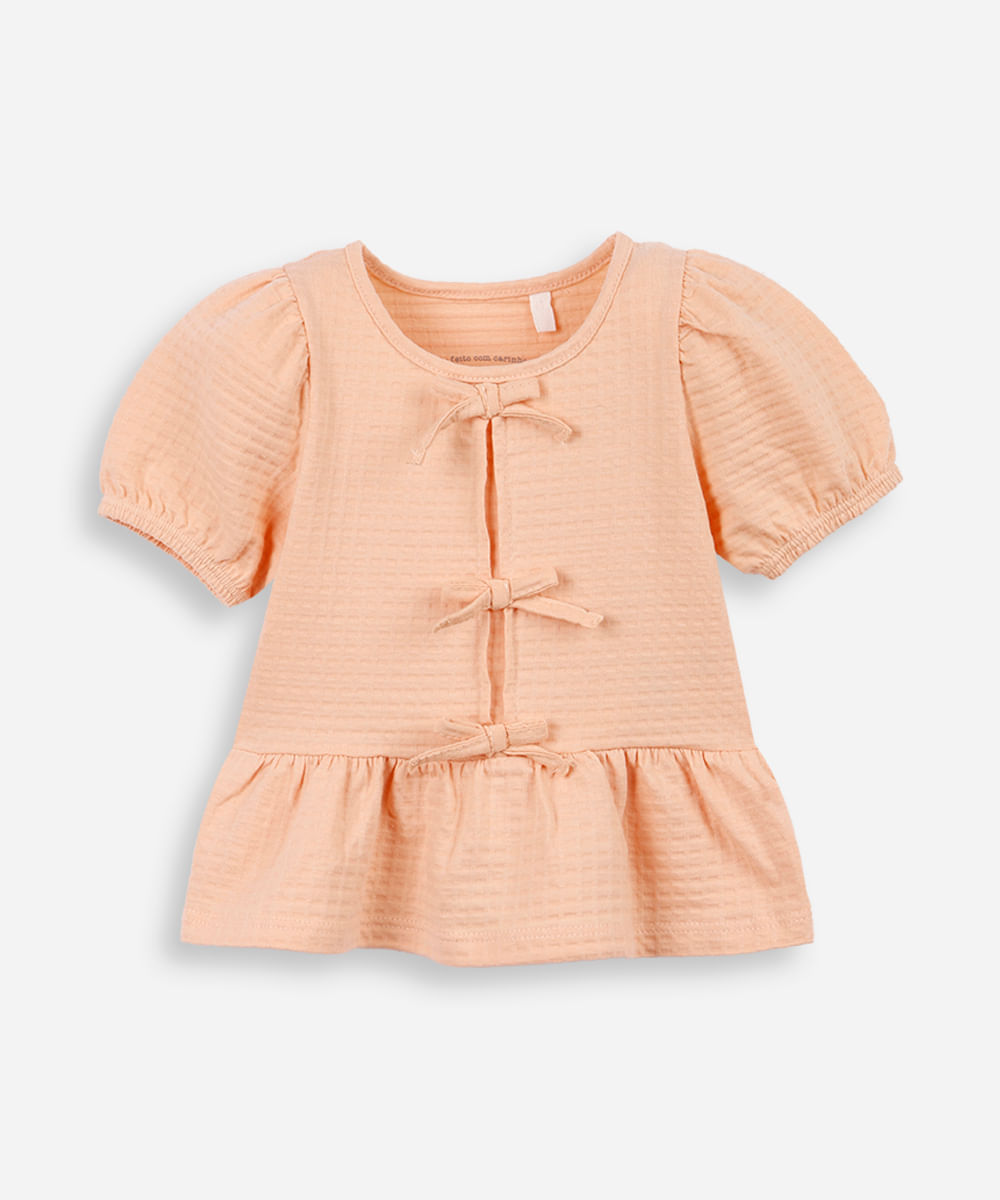 blusa de algodão infantil com lacinho texturizada laranja