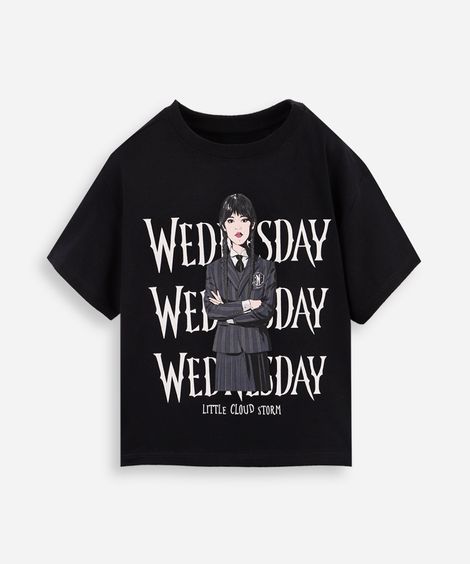 camiseta infantil wandinha nova arte preta