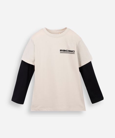 camiseta infantil de algodão manga longa estampada bege