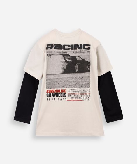 camiseta infantil de algodão manga longa estampada bege