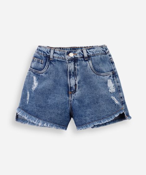 short mom juvenil jeans barra assimétrica destroyed azul