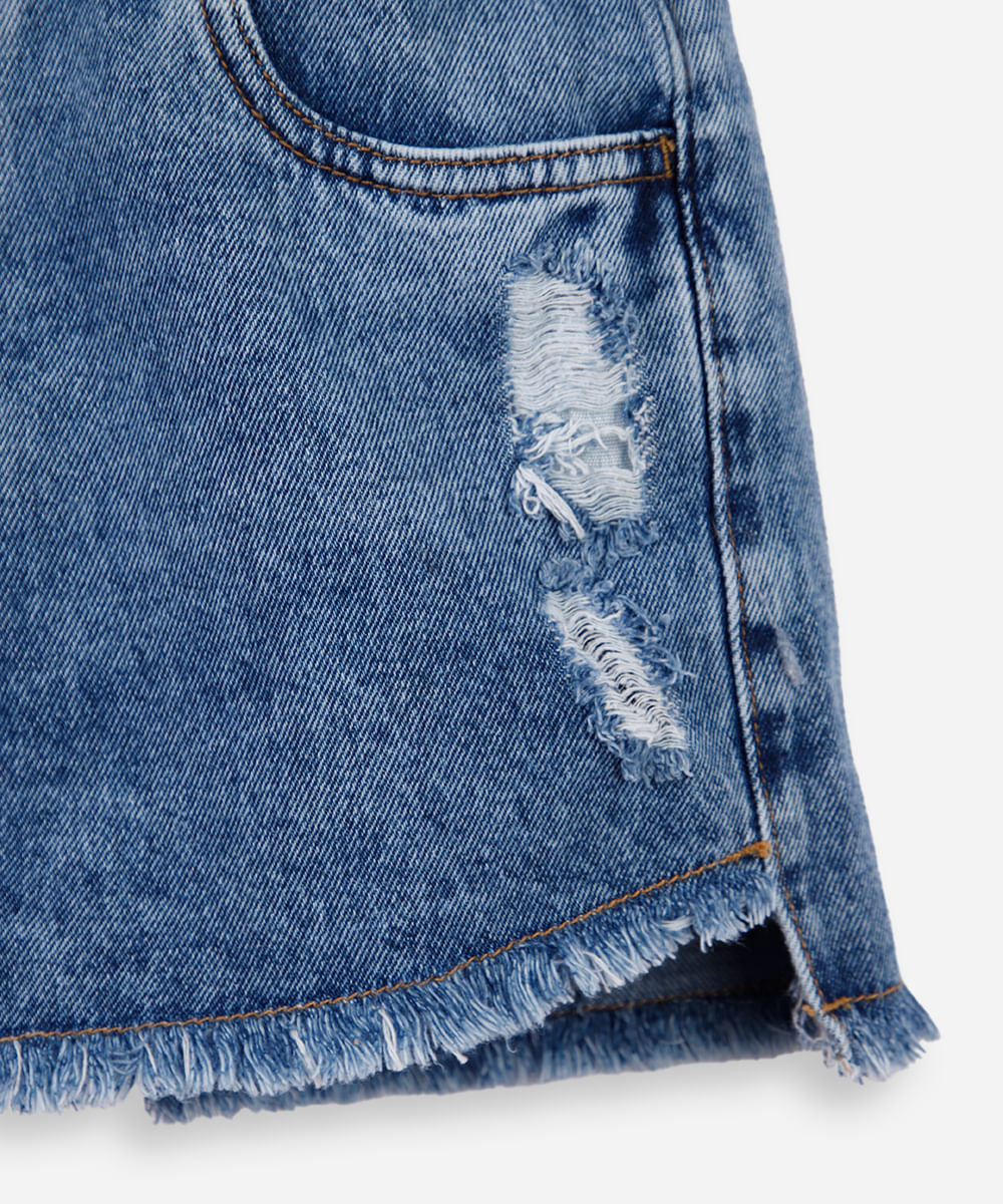 short mom juvenil jeans barra assimétrica destroyed azul