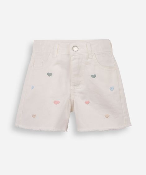 short mom infantil de sarja corações barra desfiada off white
