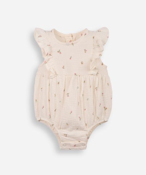 body infantil de algodão com babados floral  off white