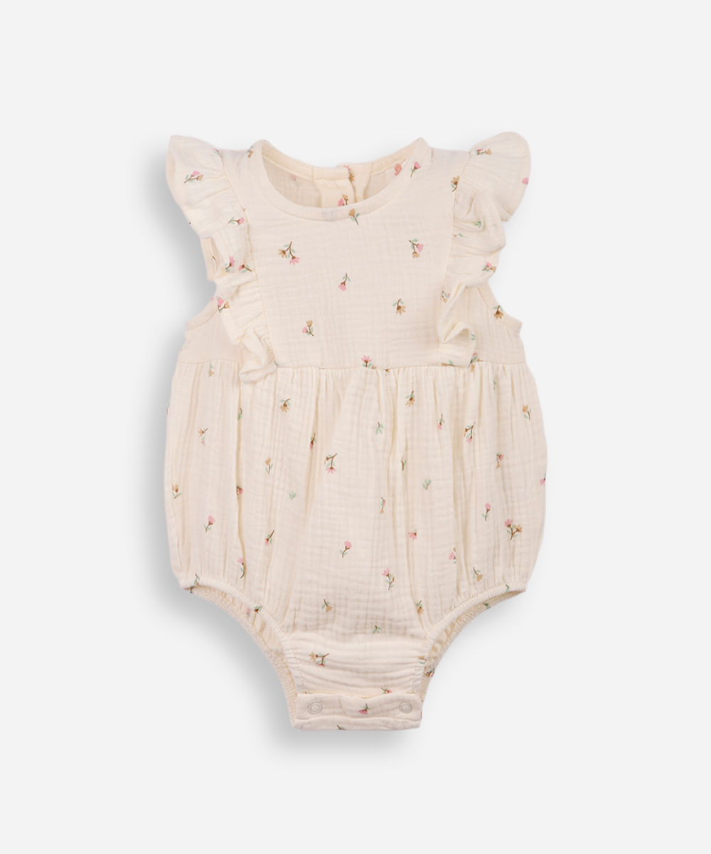 body infantil de algodão com babados floral  off white