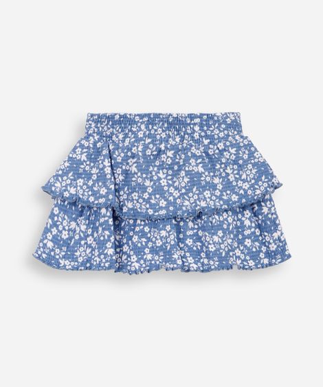 saia curta infantil de algodão floral texturizada azul