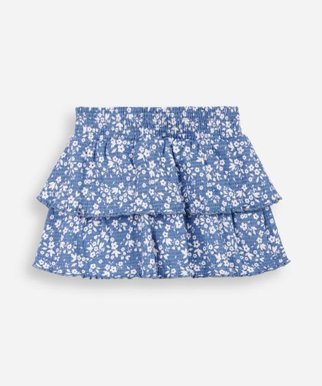 saia curta infantil de algodão floral texturizada azul