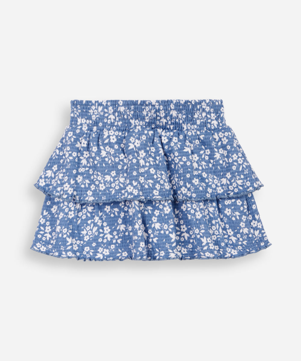 saia curta infantil de algodão floral texturizada azul