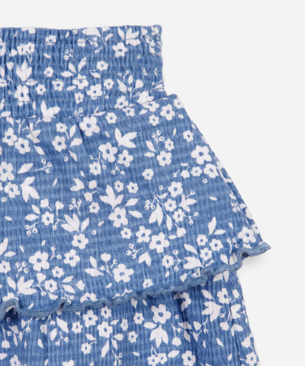 saia curta infantil de algodão floral texturizada azul
