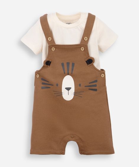 jardineira infantil de moletom sem felpa estampada marrom