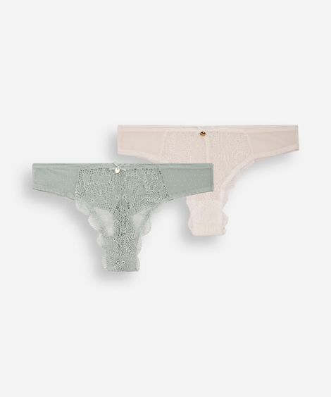kit de 2 calcinhas fio dental com renda e tule poá colorido