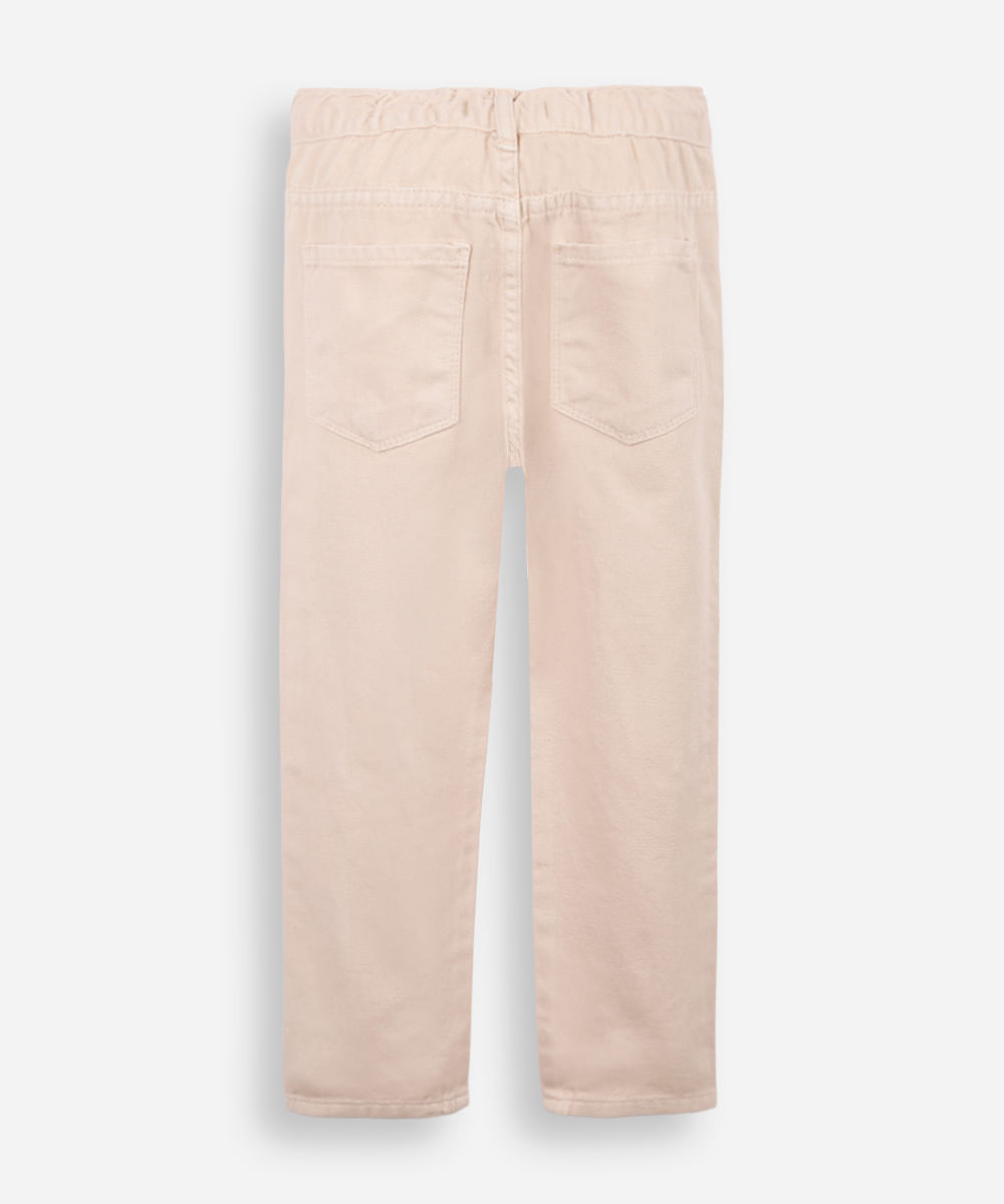 calça reta infantil de sarja floral bege