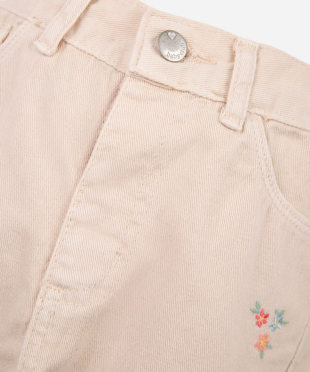 calça reta infantil de sarja floral bege