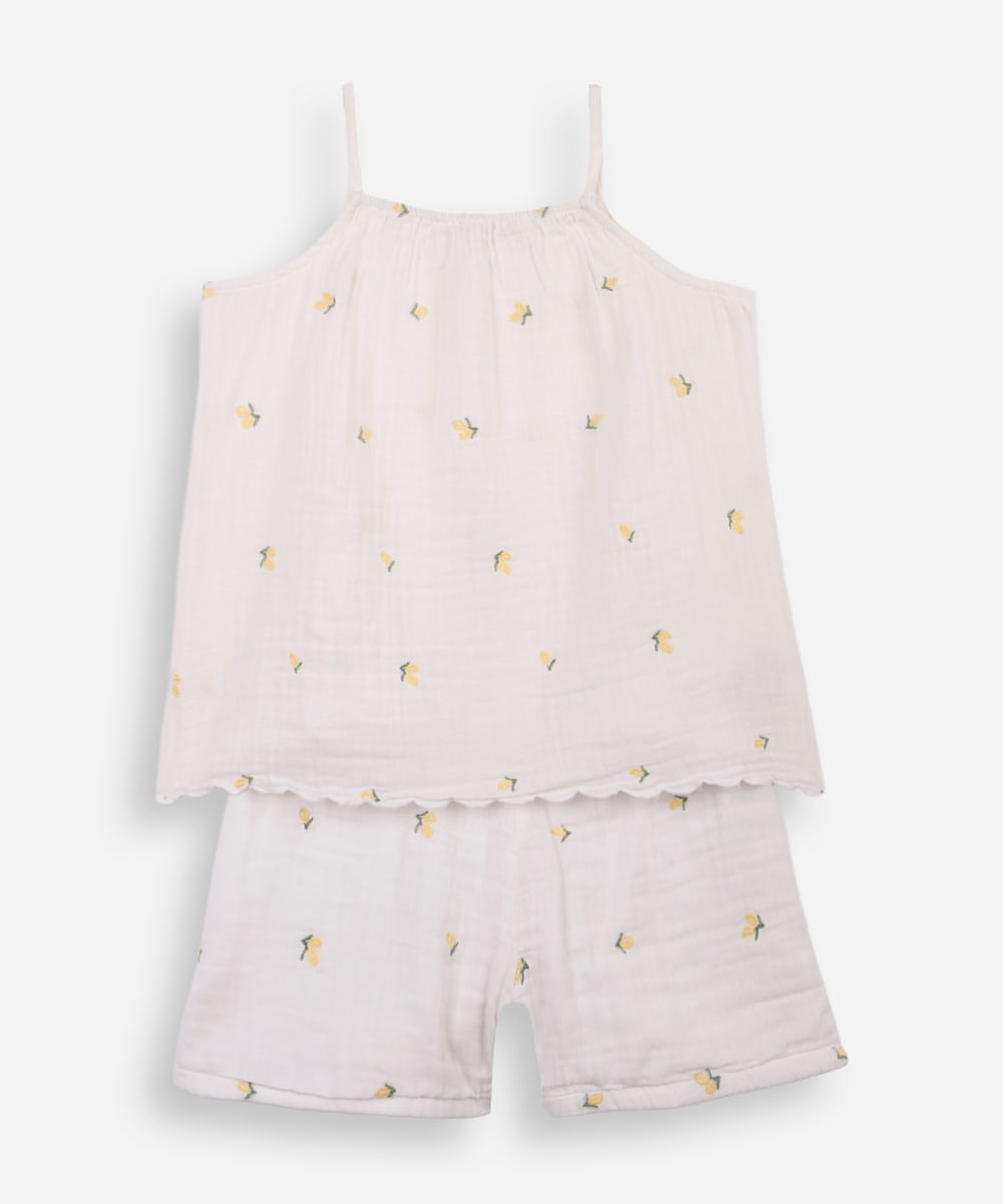 conjunto curto infantil de algodão com bordado floral off white