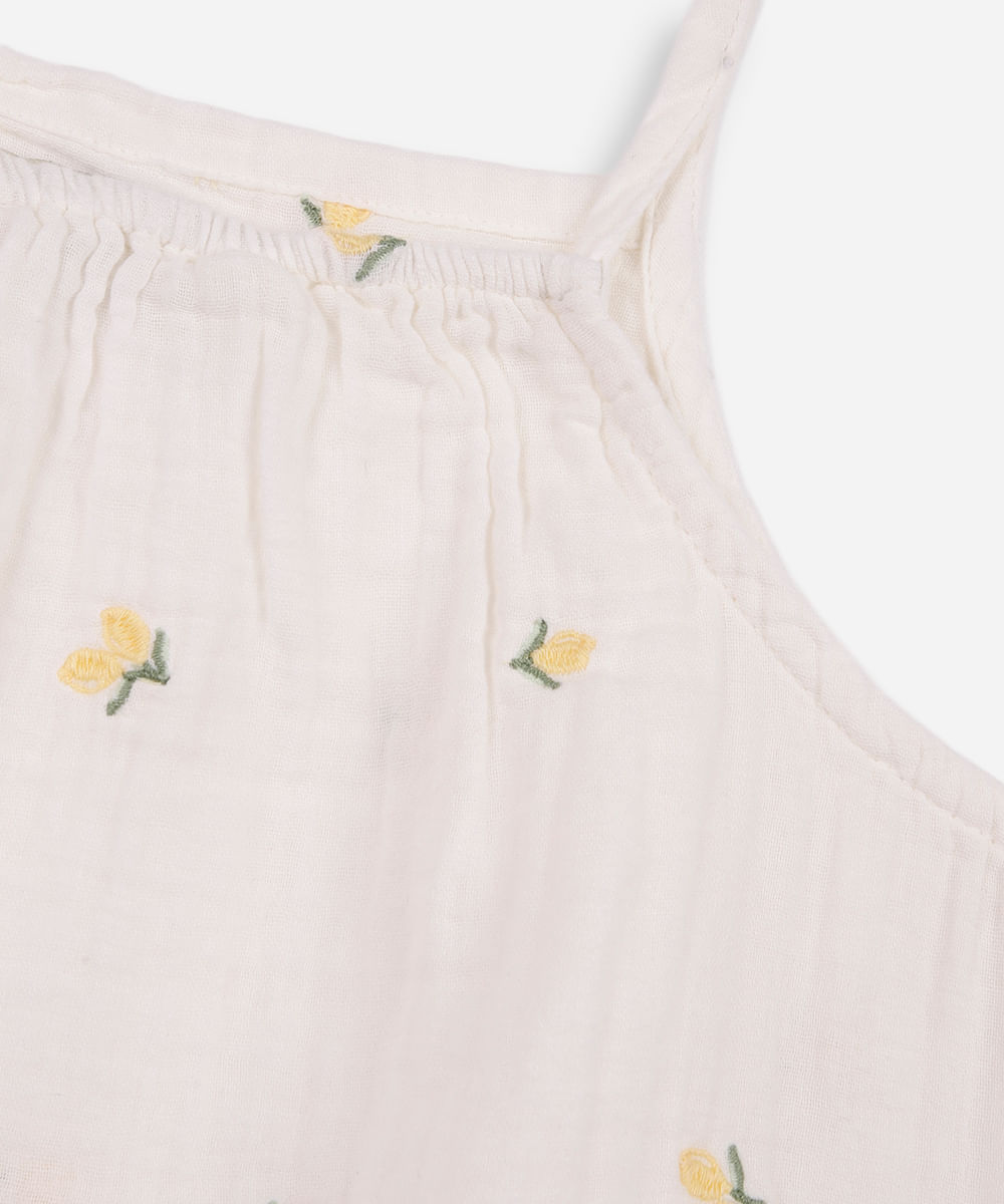 conjunto curto infantil de algodão com bordado floral off white