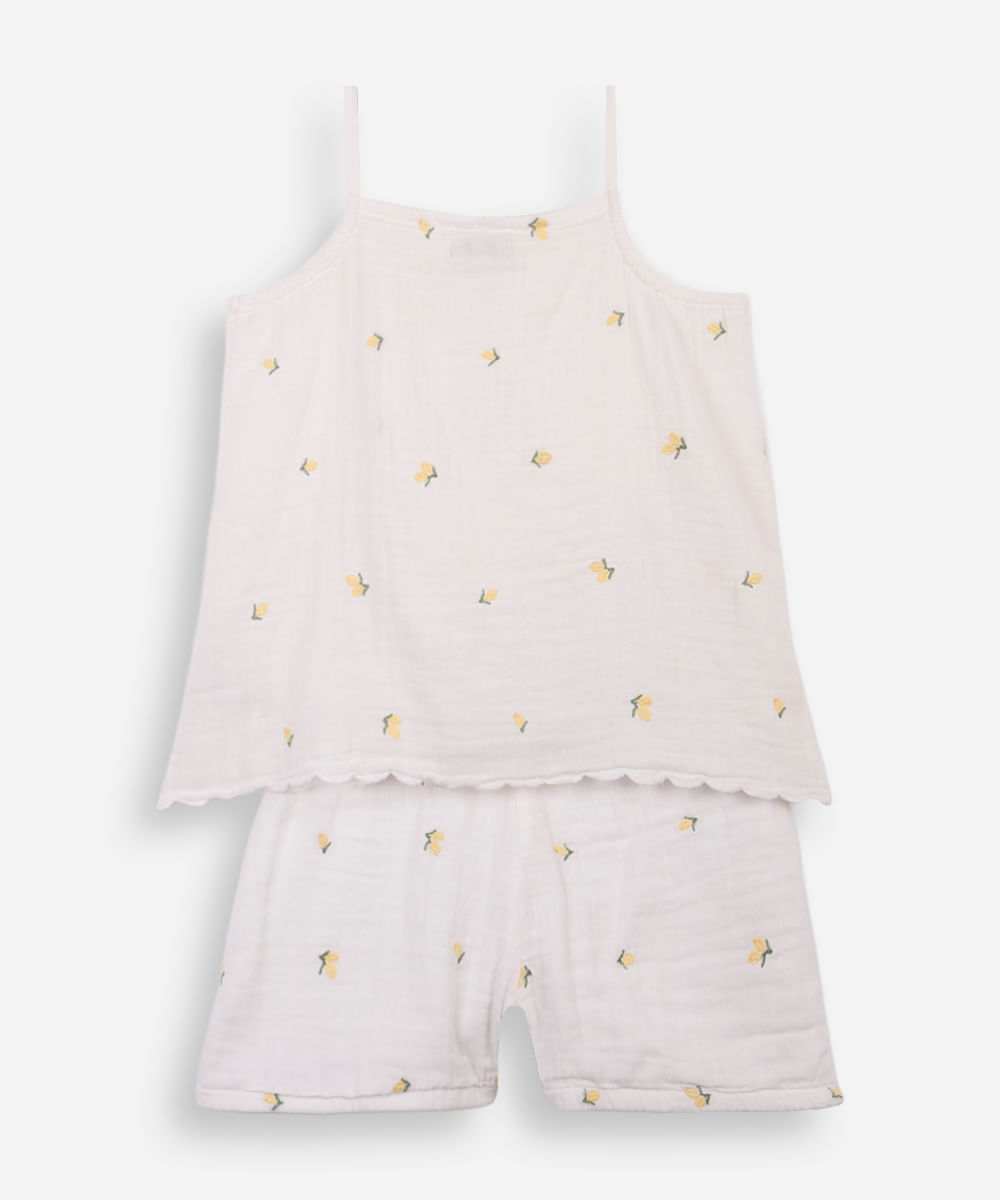 conjunto curto infantil de algodão com bordado floral off white