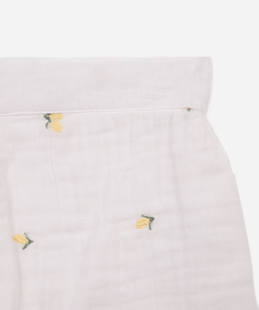conjunto curto infantil de algodão com bordado floral off white