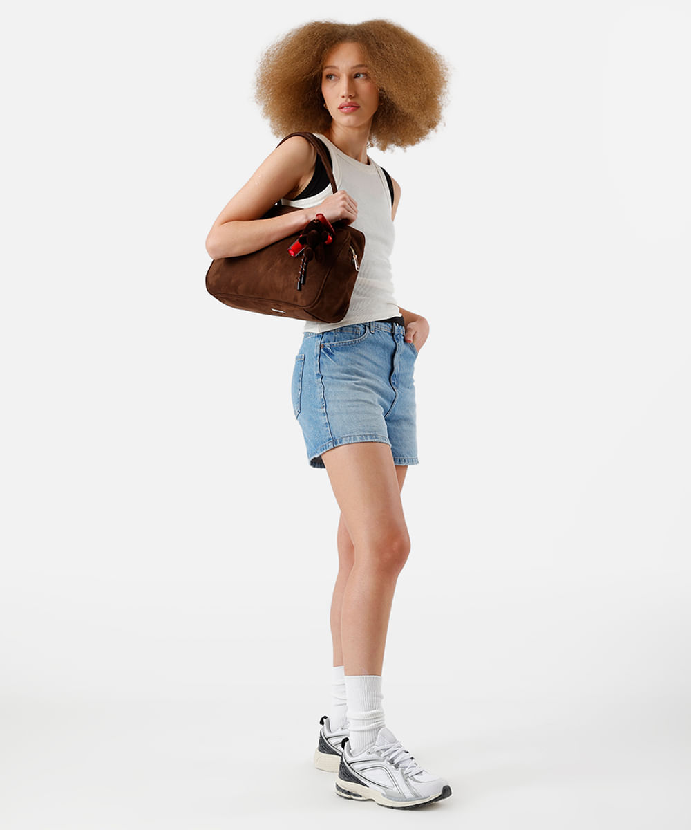 short feminino jeans cintura alta azul