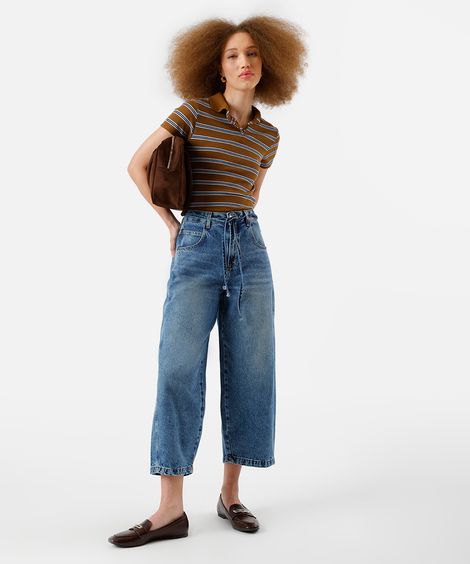 calça baggy balloon feminina jeans com cordão cropped azul