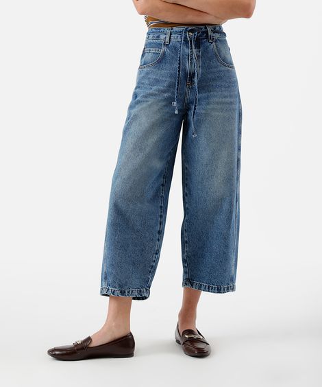 calça baggy balloon feminina jeans com cordão cropped azul