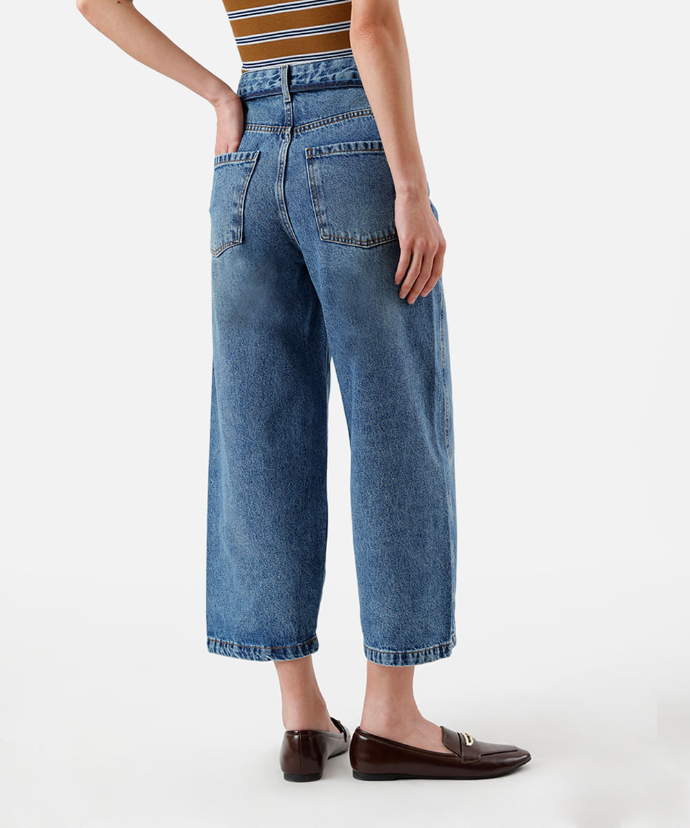 calça baggy balloon feminina jeans com cordão cropped azul