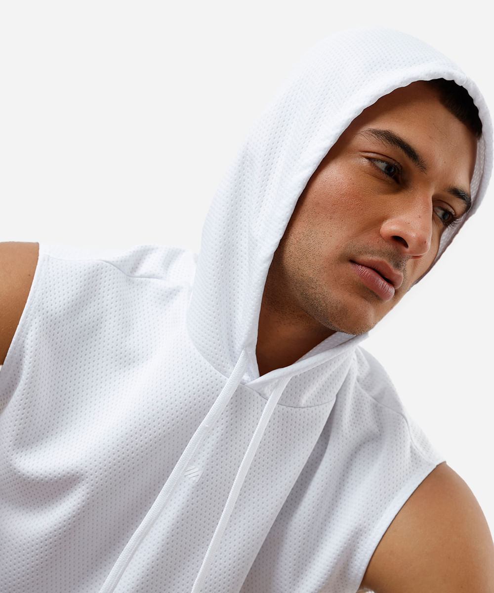 regata machão masculina esportiva com capuz oversized branca