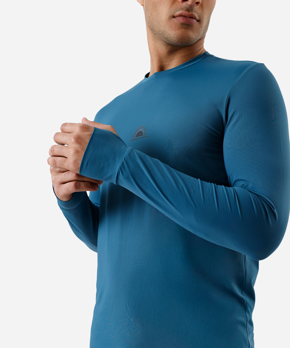 camiseta masculina de poliamida manga longa com proteção uv azul