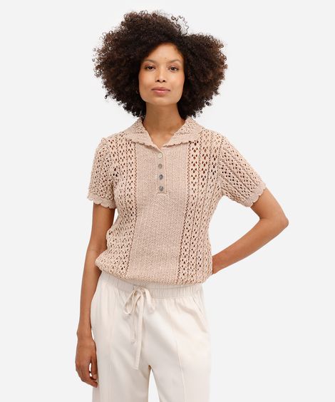 polo feminina em tricot mix de pontos bege