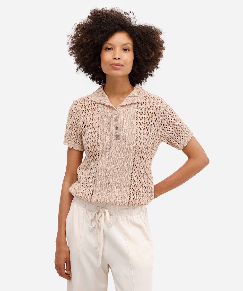 polo feminina em tricot mix de pontos bege