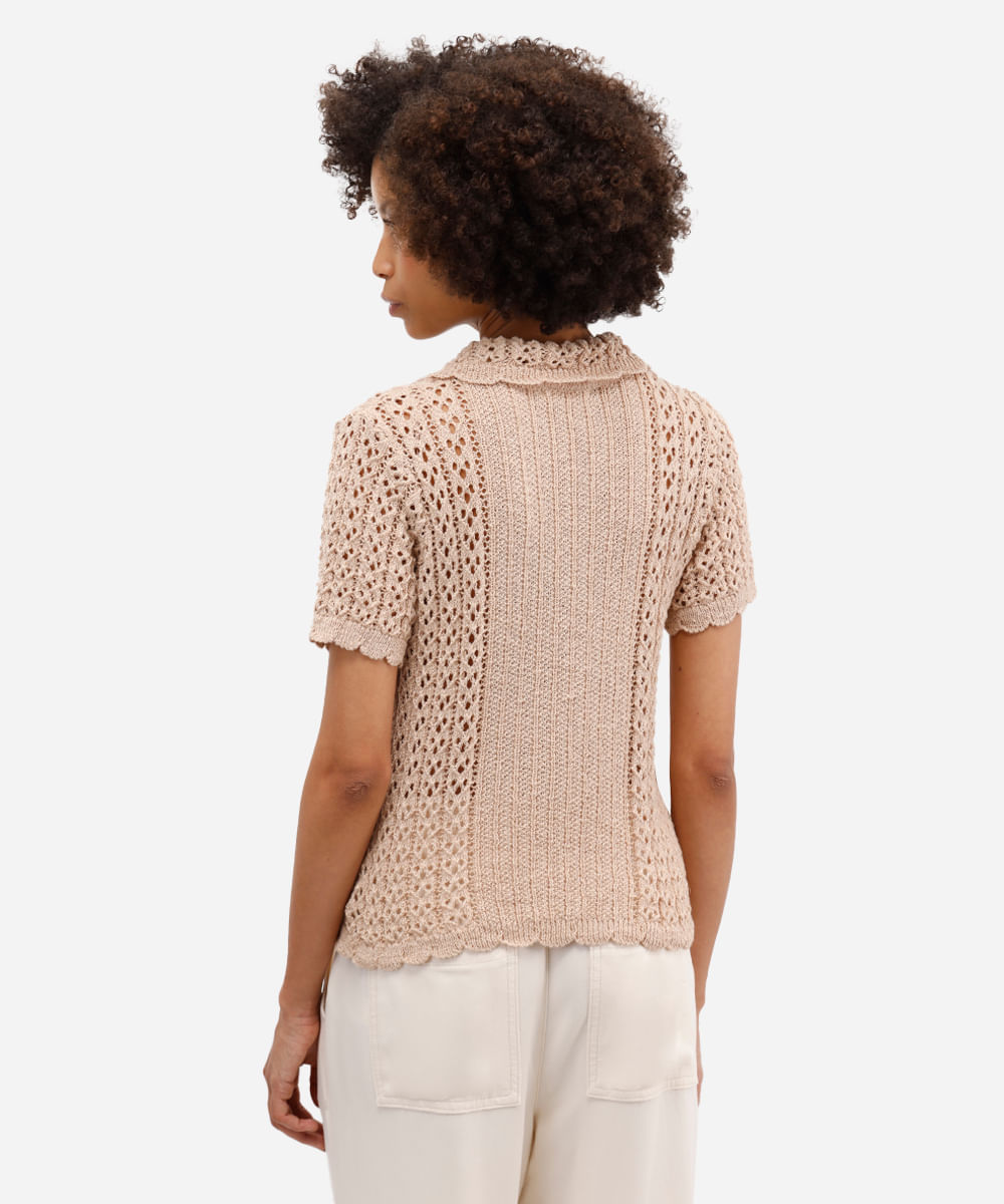 polo feminina em tricot mix de pontos bege