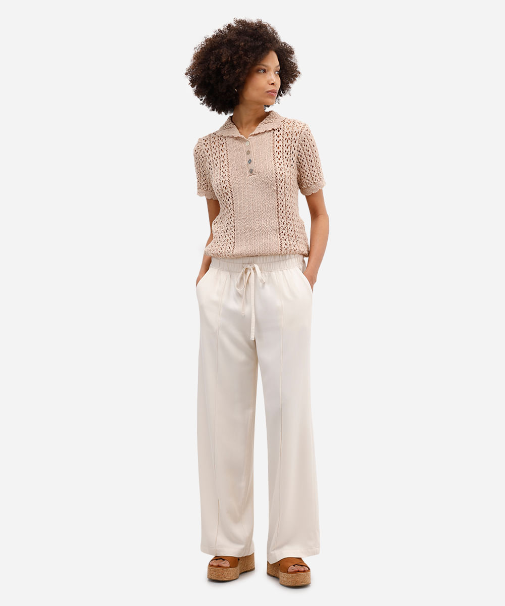 polo feminina em tricot mix de pontos bege