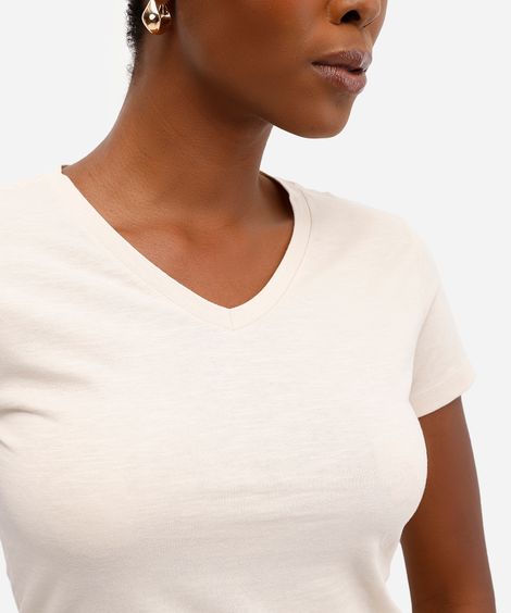 camiseta feminina flamê de algodão básica manga curta decote v bege