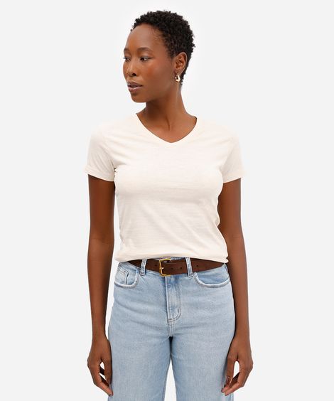 camiseta feminina flamê de algodão básica manga curta decote v bege