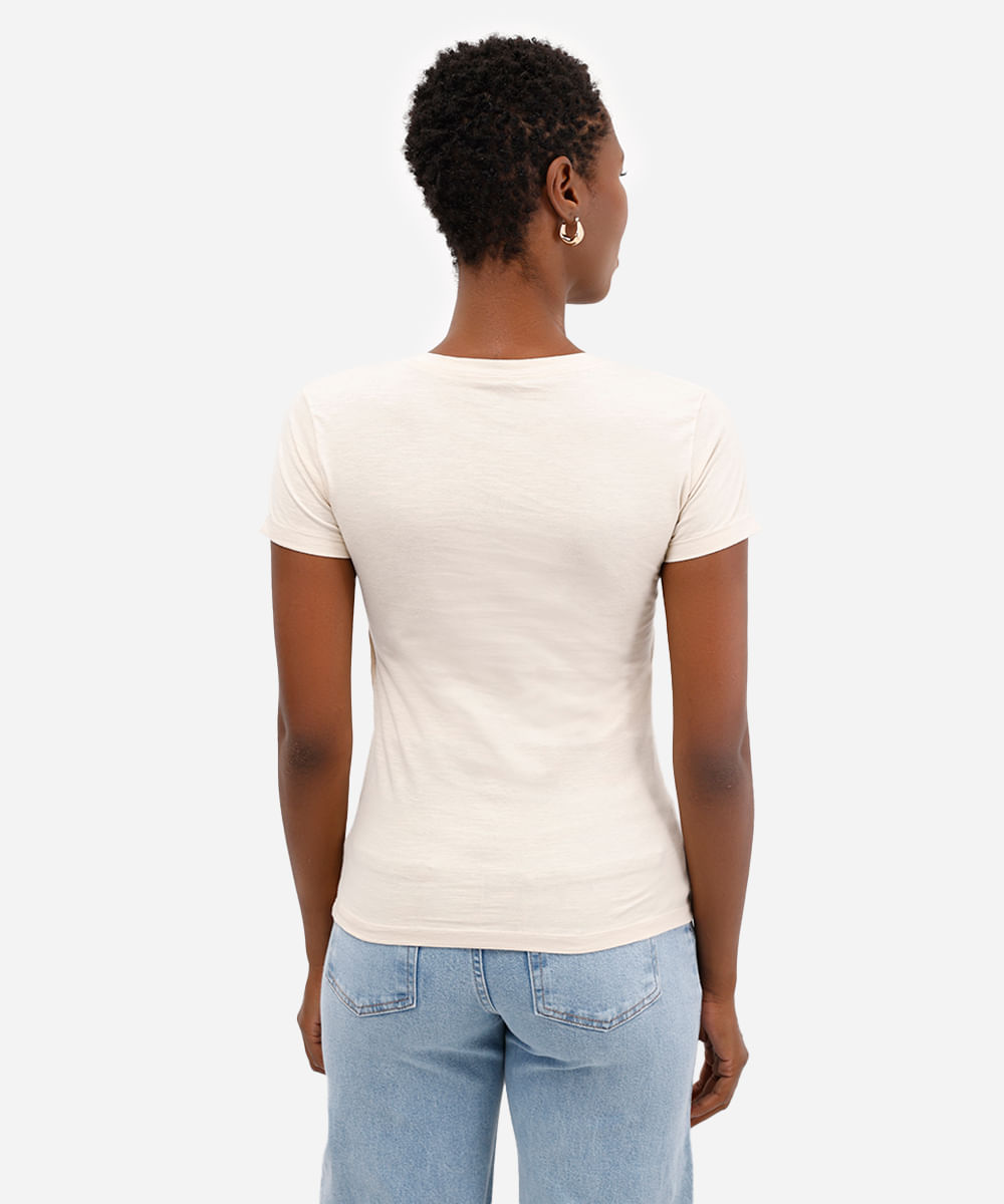 camiseta feminina flamê de algodão básica manga curta decote v bege
