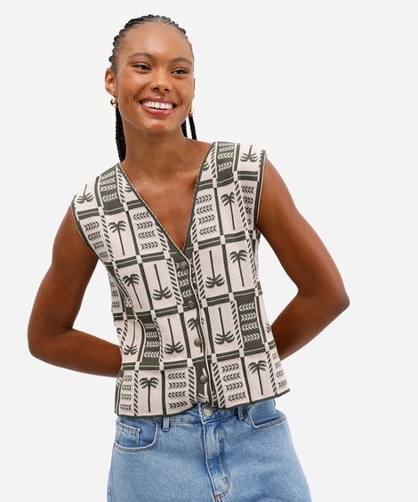 tricot feminino coqueiros com botões personalizados verde