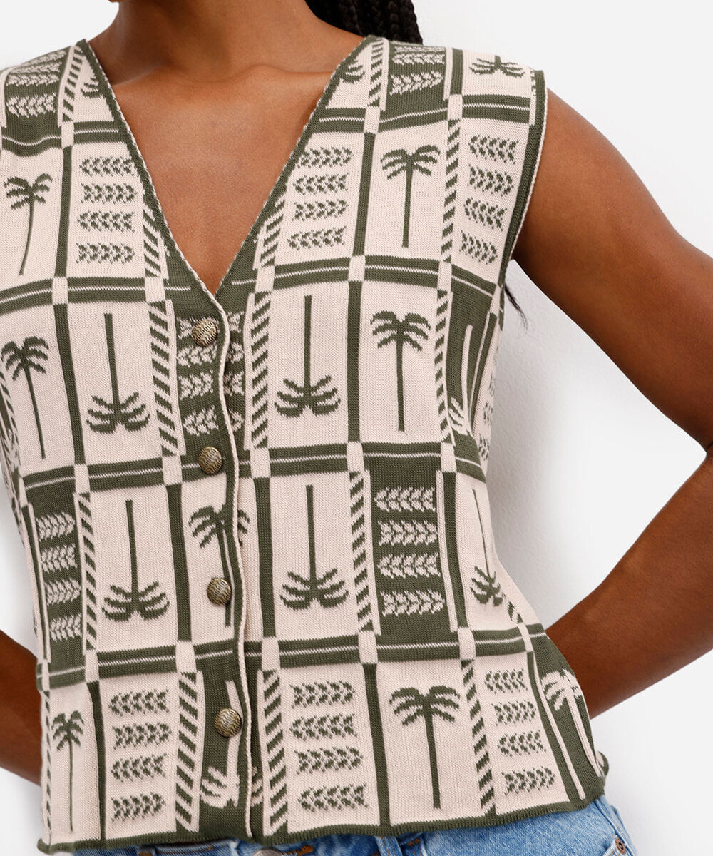 tricot feminino coqueiros com botões personalizados verde