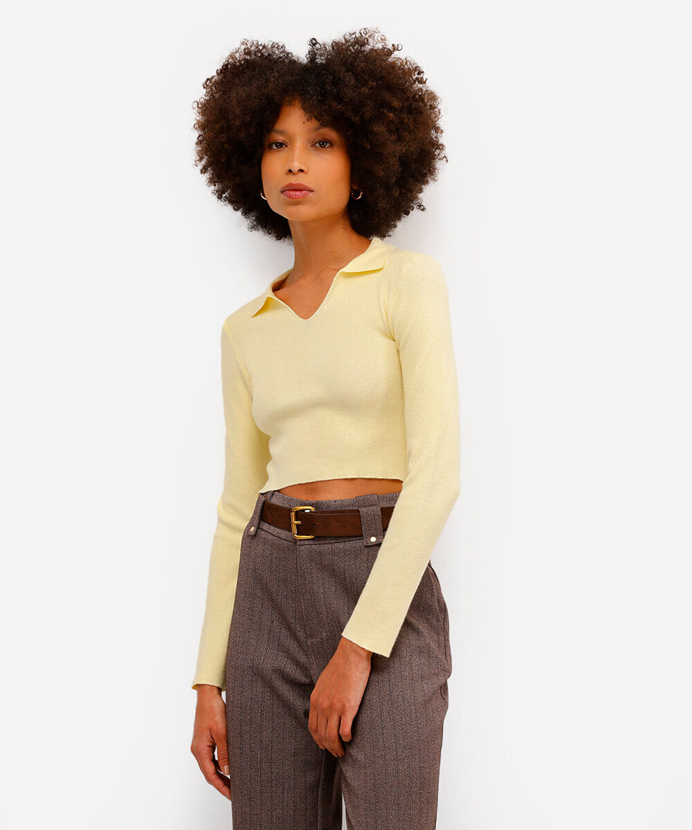 polo básica feminina de tricot manga longa amarela