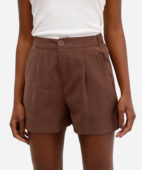 short feminino de alfaiataria de viscose cintura alta marrom
