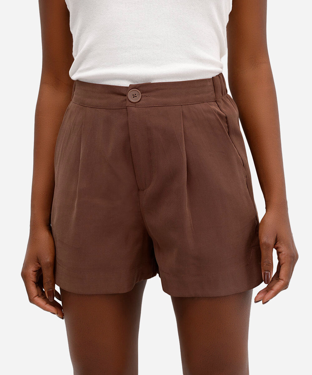 short feminino de alfaiataria de viscose cintura alta marrom