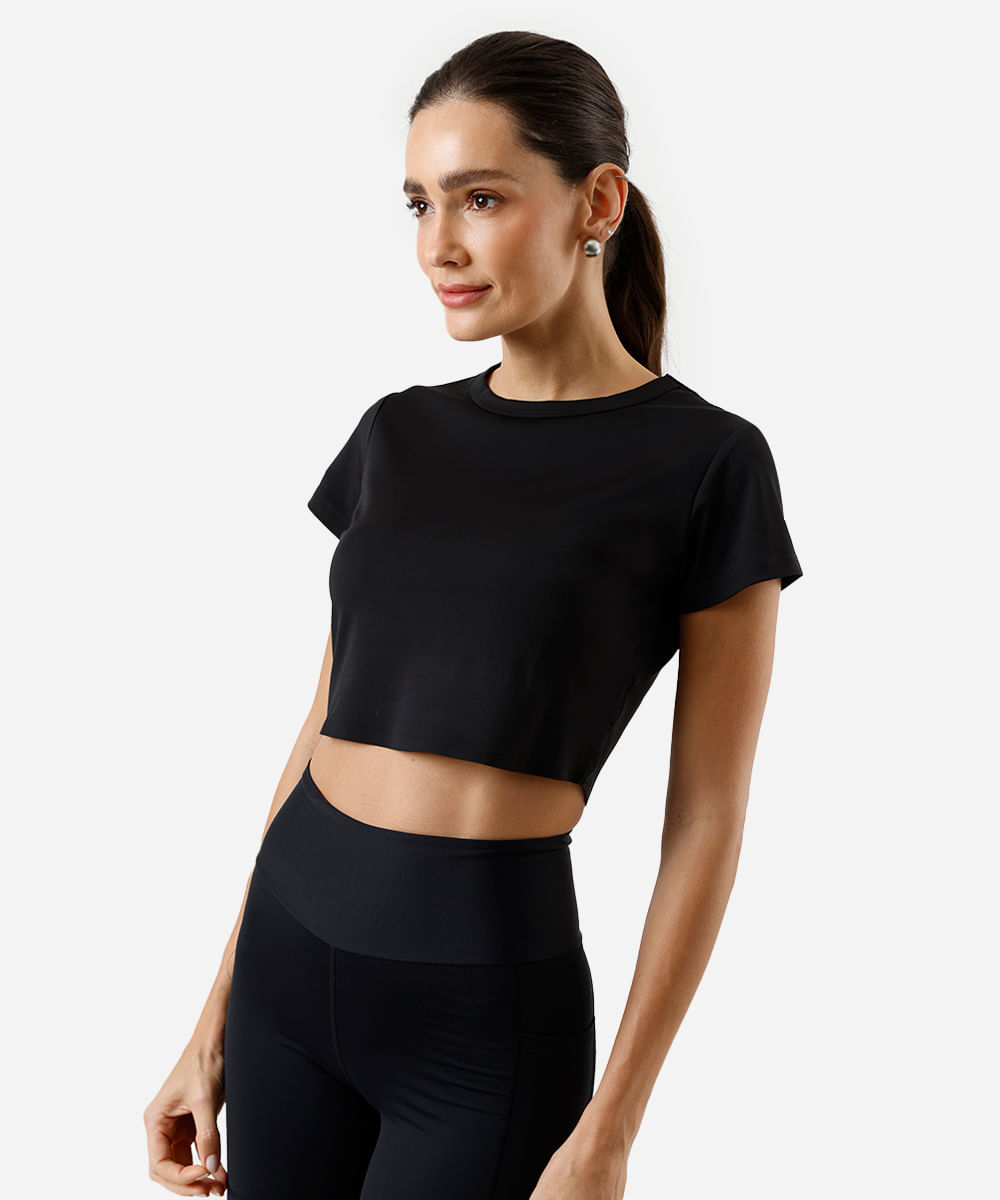 blusa cropped feminino esportivo manga curta preta