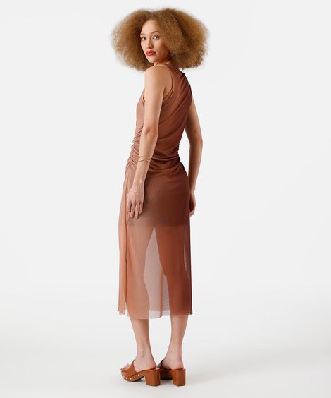 vestido midi feminino de tule franzido degradê marrom