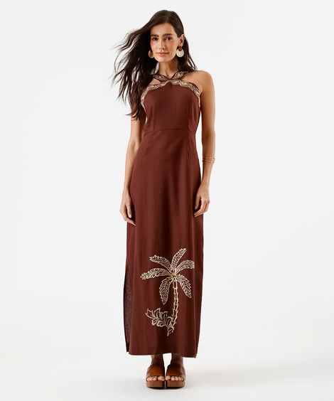 vestido midi feminino com linho e bordado folhagem marrom