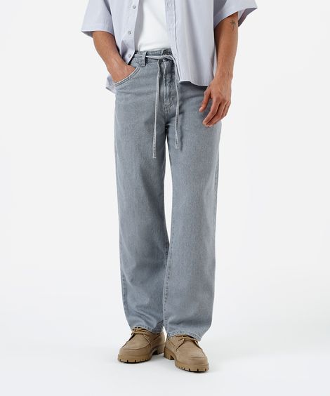 calça baggy masculina jeans com cinto  cinza