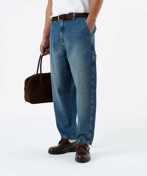 calça barrel masculina jeans cós elástico dirty azul