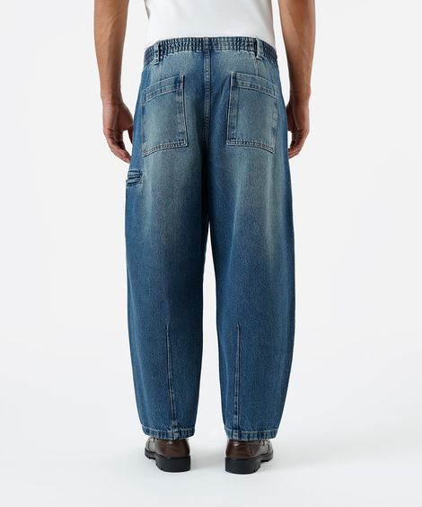 calça barrel masculina jeans cós elástico dirty azul