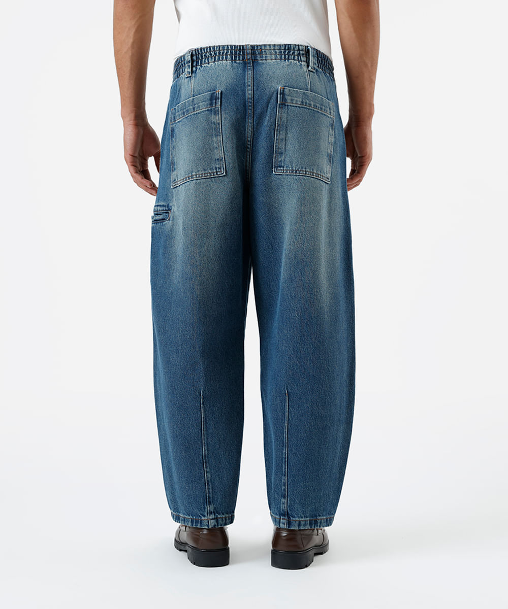 calça barrel masculina jeans cós elástico dirty azul