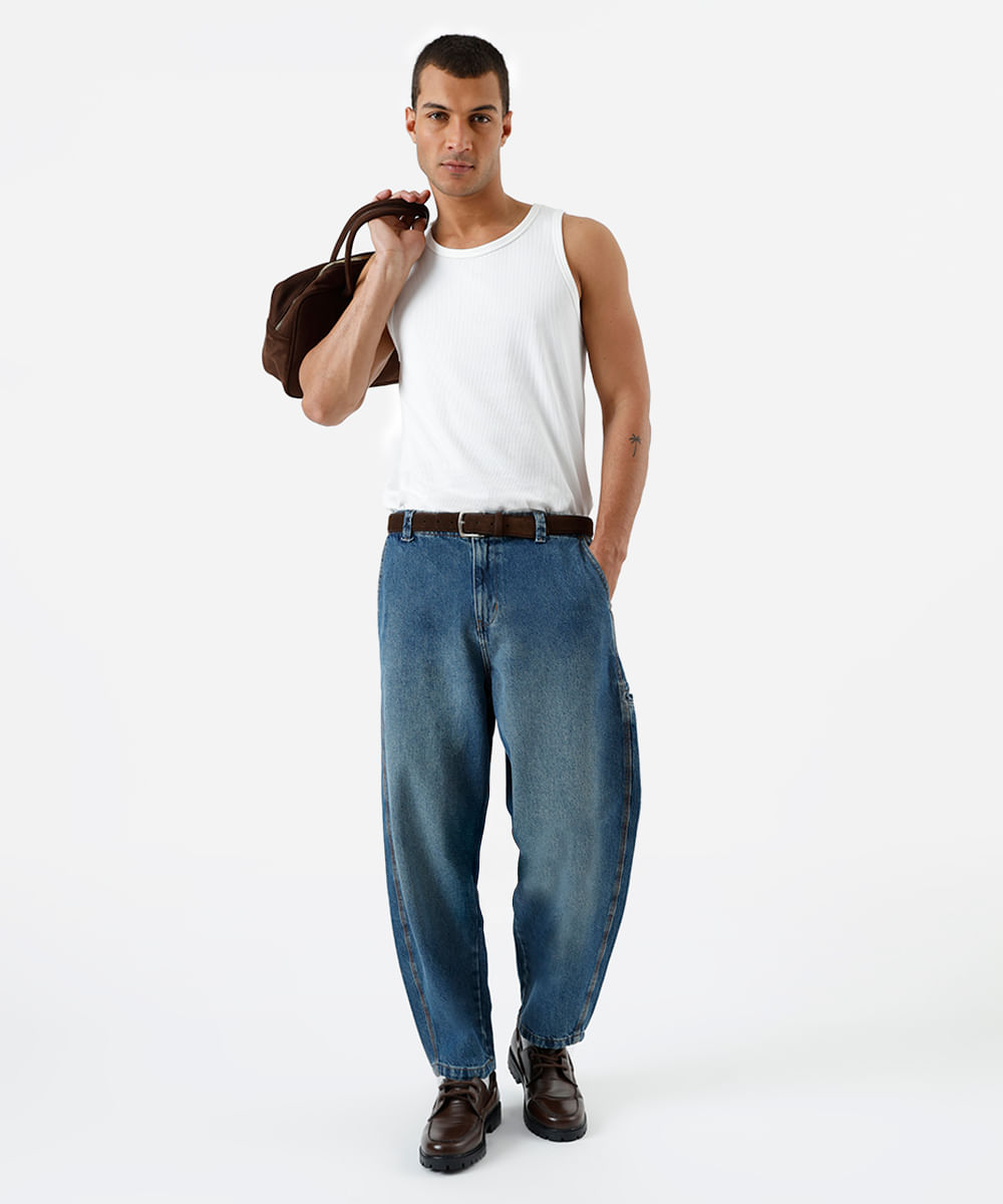 calça barrel masculina jeans cós elástico dirty azul