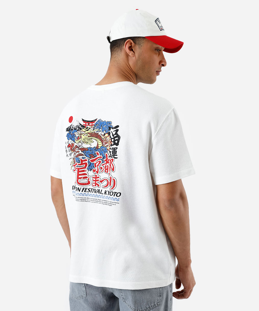 camiseta masculina box fit dragão moletom off white