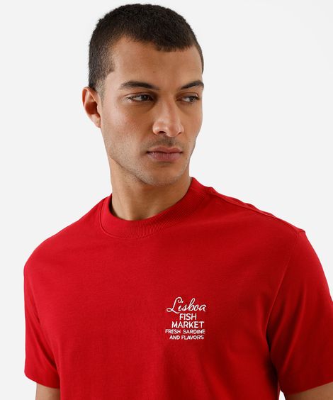 camiseta masculina de algodão bordado lisboa vermelha